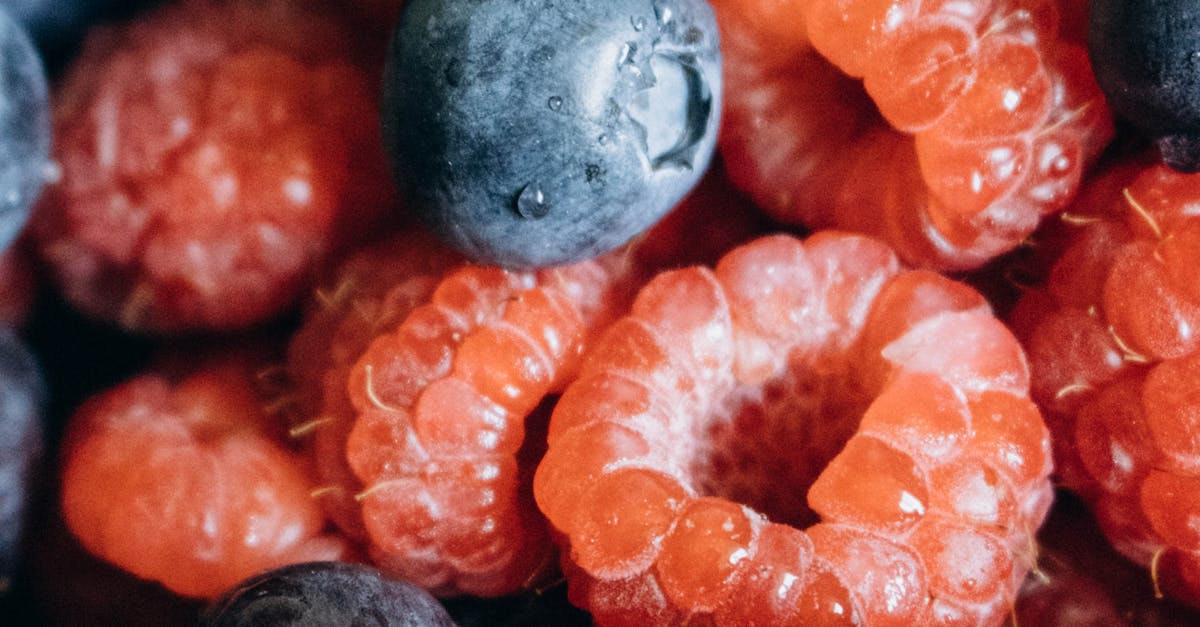 Close-up view of fresh blueberries and raspberries, highlighting their vibrant colors and textures.